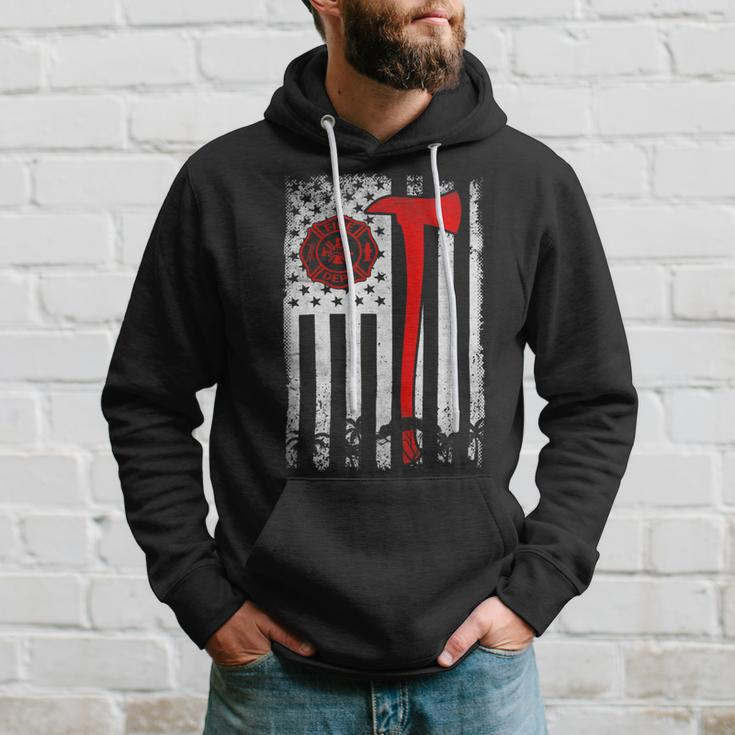 Firefighter Wildland Firefighter Axe American Flag Thin Red Line Fir Hoodie Gifts for Him