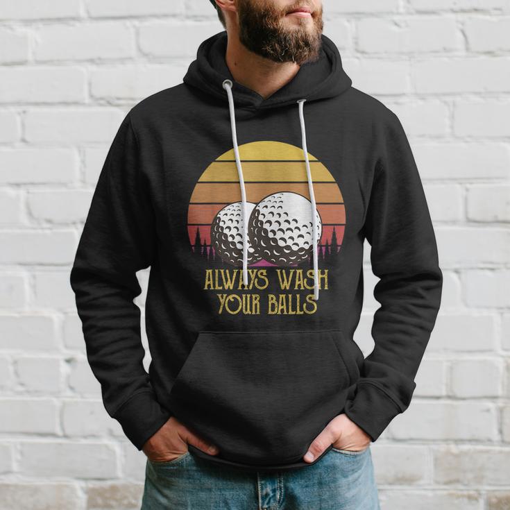 Funny Adult Humor Retro Sunset Golf Always Wash Your Balls Hoodie Gifts for Him