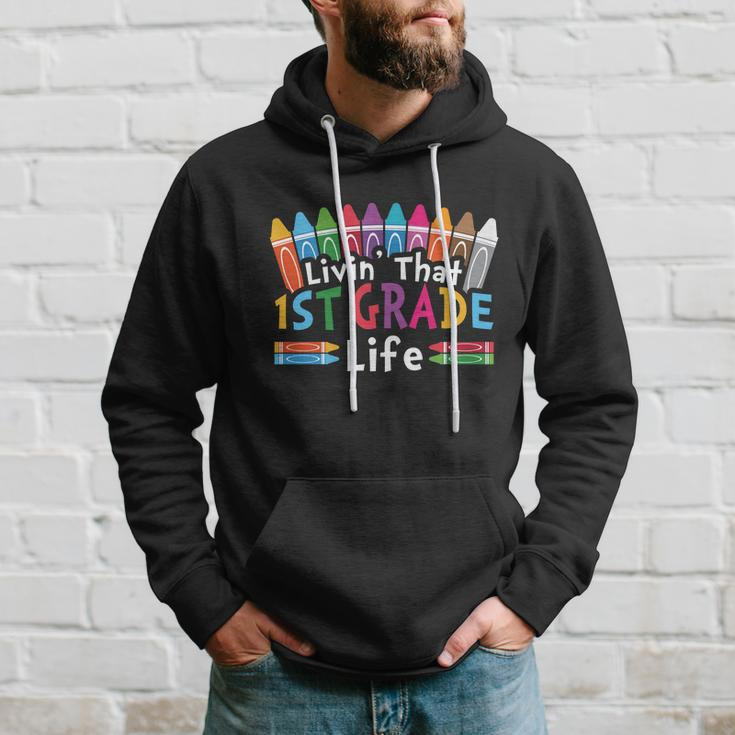 Livin That 1St Grade Life Cray On Back To School First Day Of School Hoodie Gifts for Him