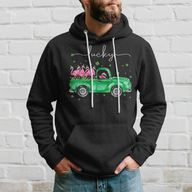 Lucky Flamingo Riding Green Truck Shamrock St Patricks Day Graphic Design Printed Casual Daily Basic Men Hoodie Gifts for Him