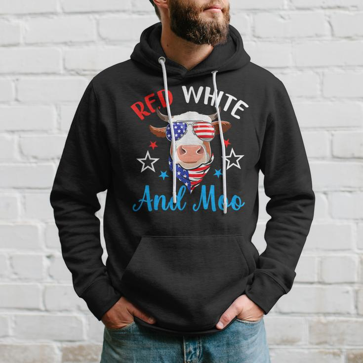 Red White And Moo 4Th Of July Cow Usa Flag Farmer Patriotic V2 Hoodie Gifts for Him