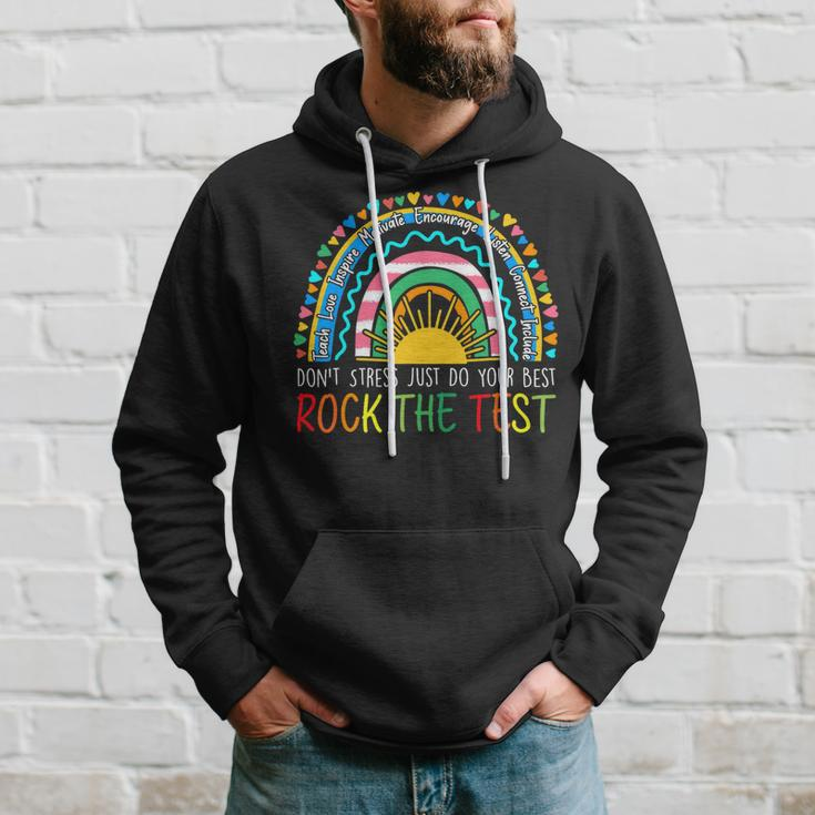 Rock The Test Teacher Test Day Testing Day Rainbow Teacher Hoodie Gifts for Him