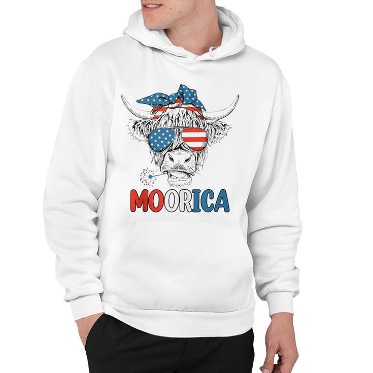 Funny Moorica 4Th Of July American Flag Highland Cow  Hoodie