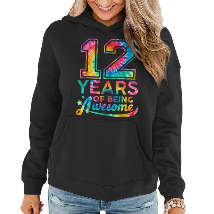 12 Year Of Being Awesome 12 Years Old 12Th Birthday Tie Dye  Women Hoodie Graphic Print Hooded Sweatshirt