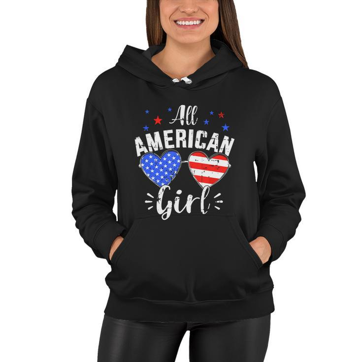 All American 4Th Of July Girl With Sunglasses And Us Flag Women Hoodie