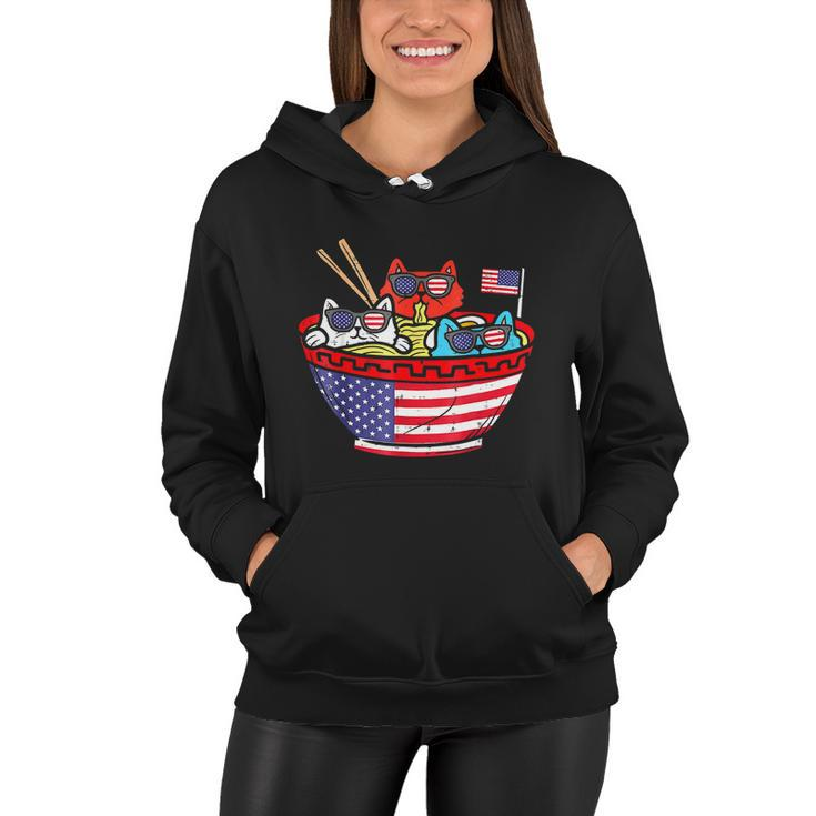 Cats Ramen Anime American Flag Usa Funny 4Th Of July Fourth Women Hoodie