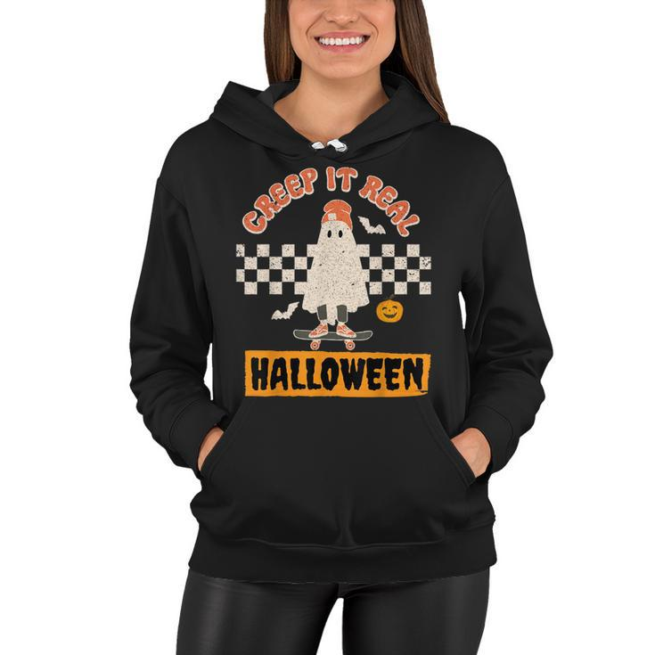 Creep It Real Retro Halloween Funny Ghost Skateboarding  Women Hoodie