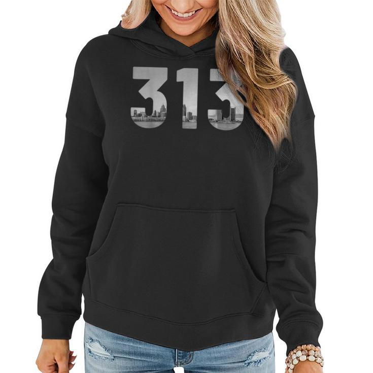 Detroit 313 Area Code Skyline Michigan Vintage  V2 Women Hoodie Graphic Print Hooded Sweatshirt