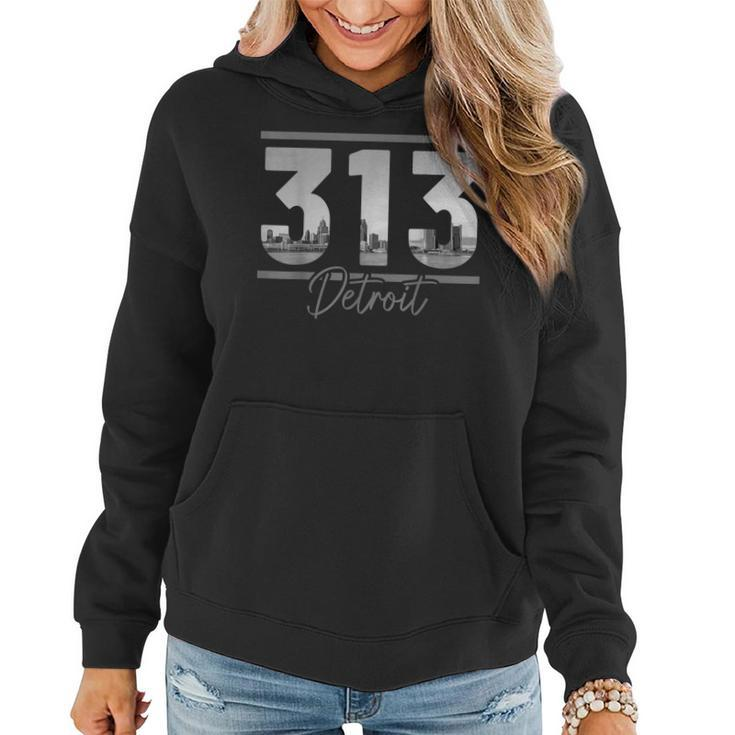 Detroit 313 Area Code Skyline Michigan Vintage  Women Hoodie Graphic Print Hooded Sweatshirt