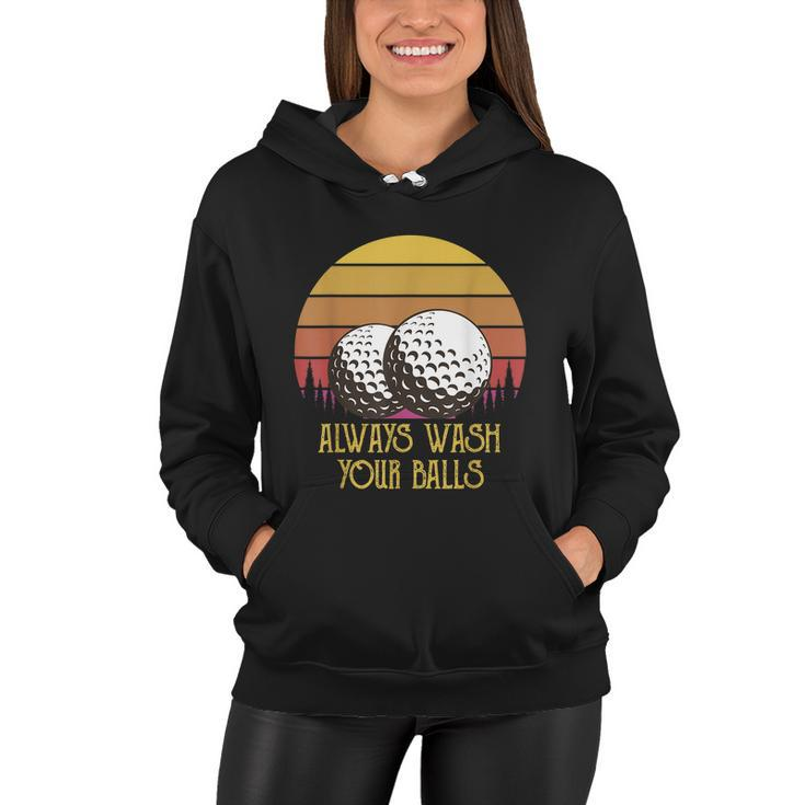 Funny Adult Humor Retro Sunset Golf Always Wash Your Balls Women Hoodie