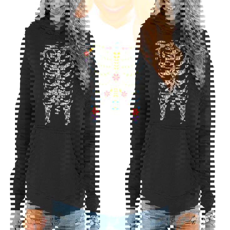 Halloween Day Of Dead Skeleton Flowers Decorated Women Hoodie Graphic Print Hooded Sweatshirt