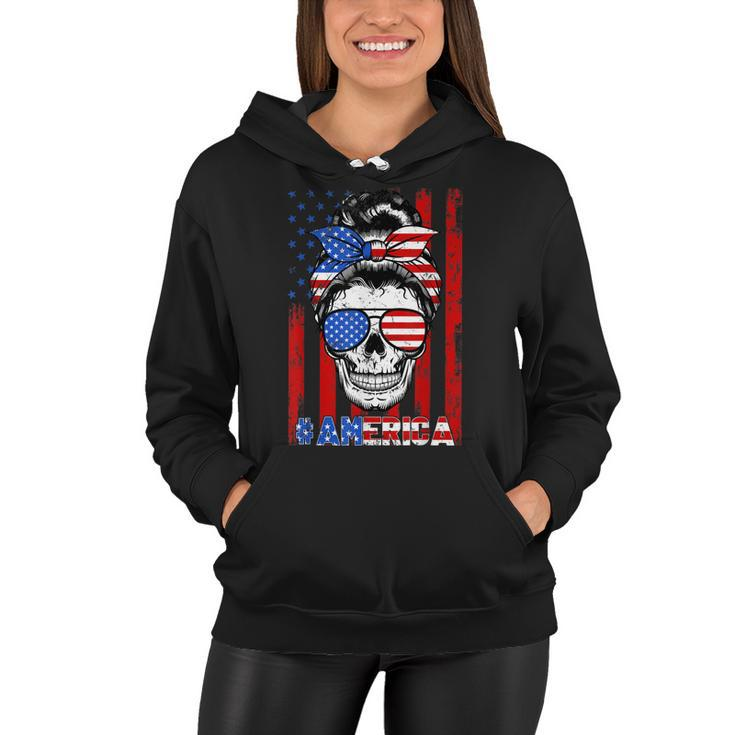 Messy Bun Skull America Flag Glasses 4Th Of July Patriotic  Women Hoodie