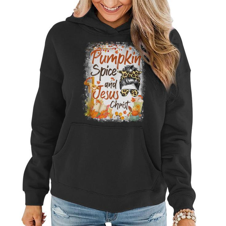 Pumpkin Spice And Jesus Christ Leopard Messy Bun Fall  Women Hoodie Graphic Print Hooded Sweatshirt