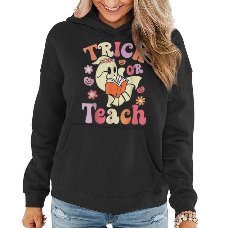 Retro Vintage Groovy Trick Or Teach Halloween Teacher Life  V5 Women Hoodie Graphic Print Hooded Sweatshirt