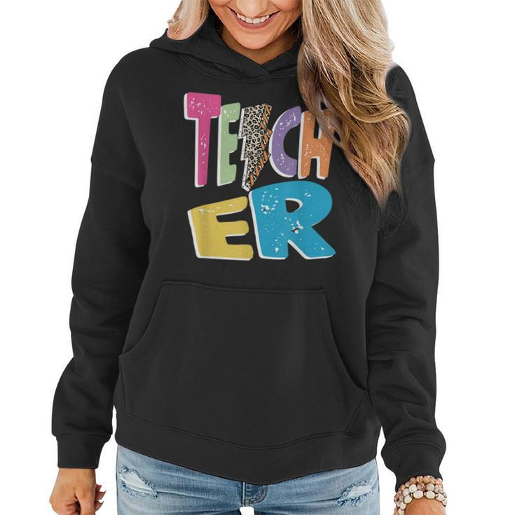 Teacher Colorful Distressed Leopard Lightning Bolt Trendy  Women Hoodie Graphic Print Hooded Sweatshirt