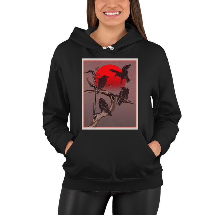 Vintage Japanese Raven Crow Red Moon Women Hoodie