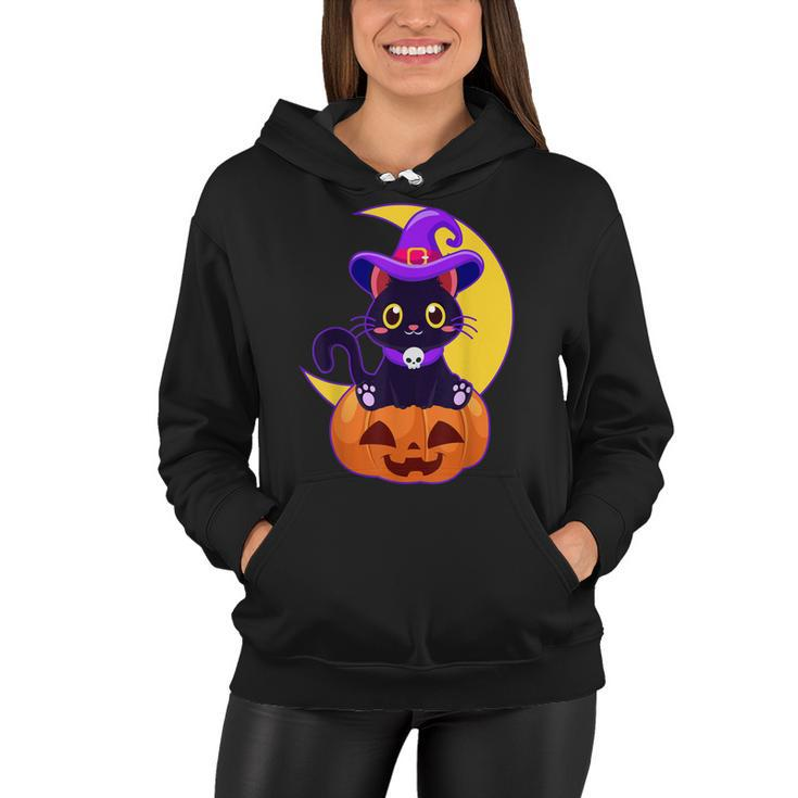 Vintage Scary Halloween Black Cat Costume Witch Hat & Moon  Women Hoodie