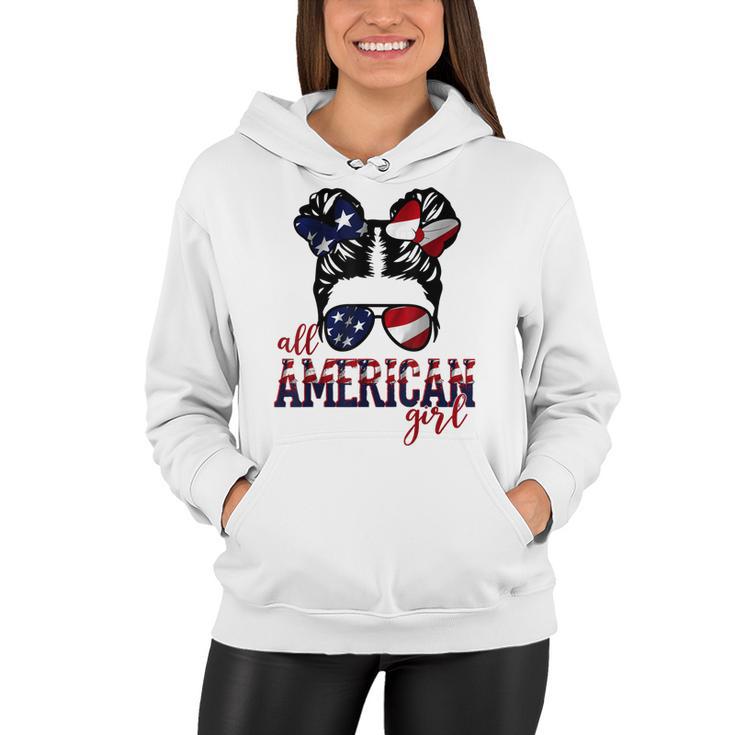 All American Girl Messy Hair Bun Woman Patriotic 4Th Of July  V2 Women Hoodie