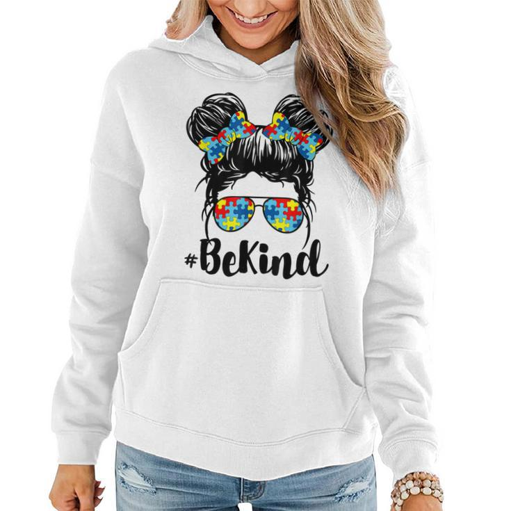 Be Kind Autism Awareness Messy Bun Girl   Women Hoodie Graphic Print Hooded Sweatshirt