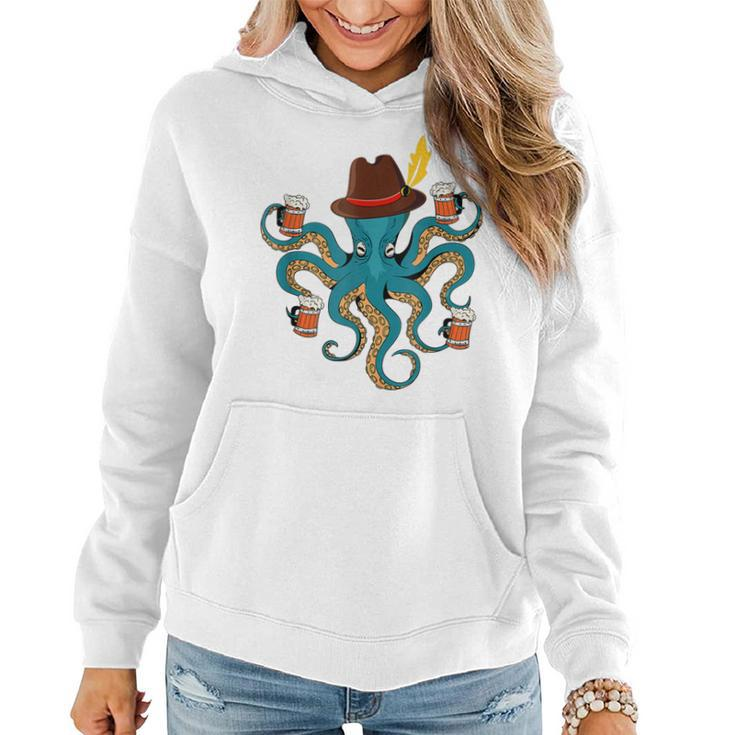 Funny Oktoberfest Octopus With Beer German Hat Oktoberfest  Women Hoodie Graphic Print Hooded Sweatshirt