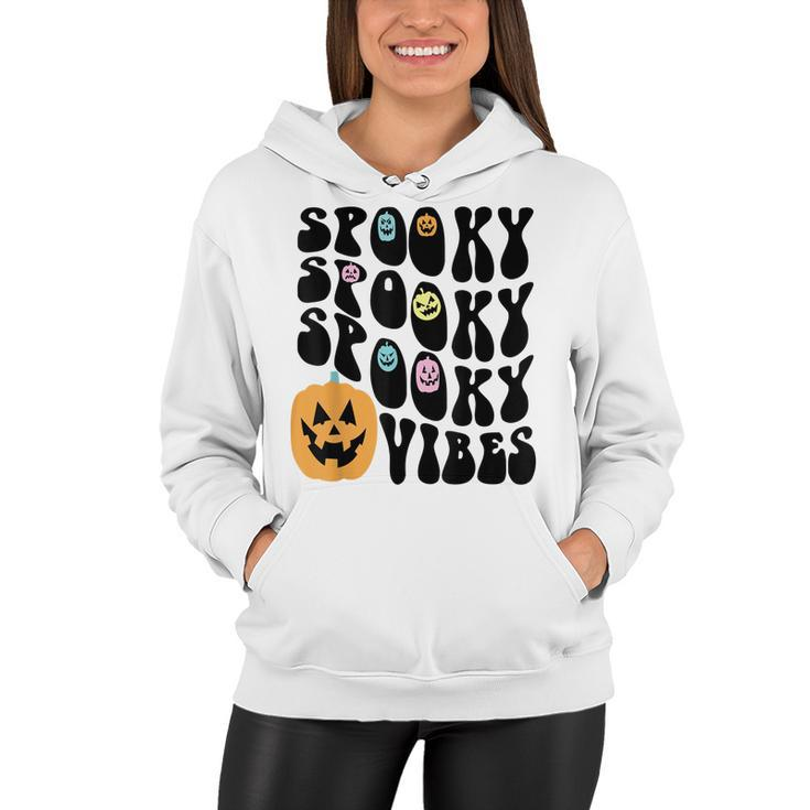 Groovy Spooky Vibes Scary Pumpkin Face Funny Halloween  Women Hoodie