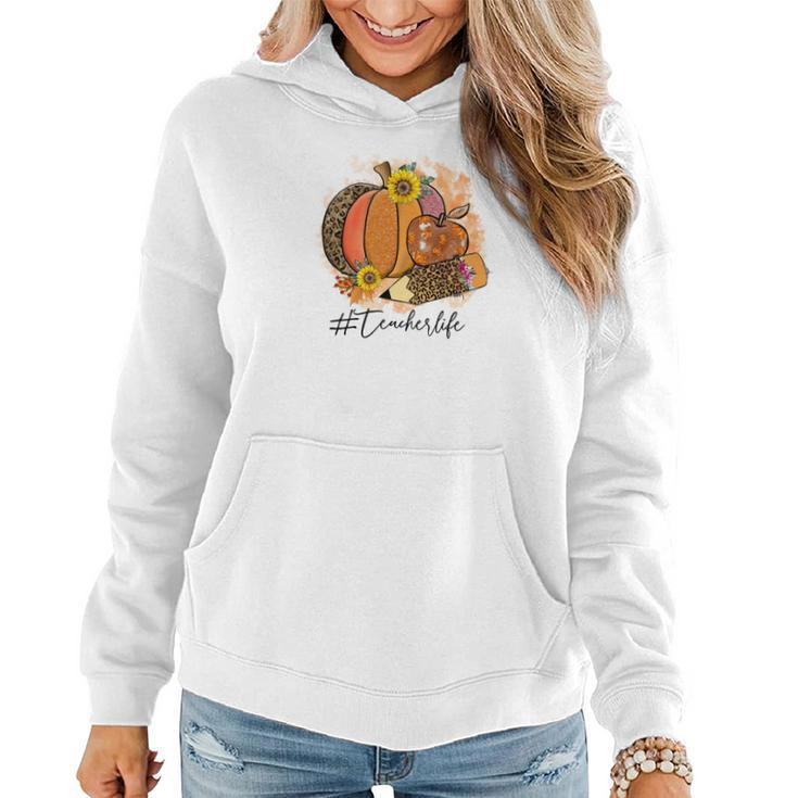 Happy Teacher Life Fall Autumn Pumpkin Women Hoodie Graphic Print Hooded Sweatshirt