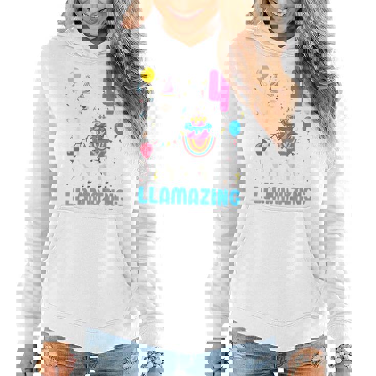 Kids 4Th Birthday I Am 4 Years Old And Llamazing Llama Girl Ns Women Hoodie Graphic Print Hooded Sweatshirt