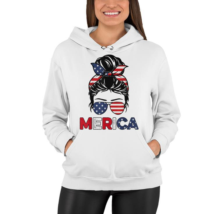 Merica Mom Girl American Flag Messy Bun Hair 4Th Of July Usa  V2 Women Hoodie
