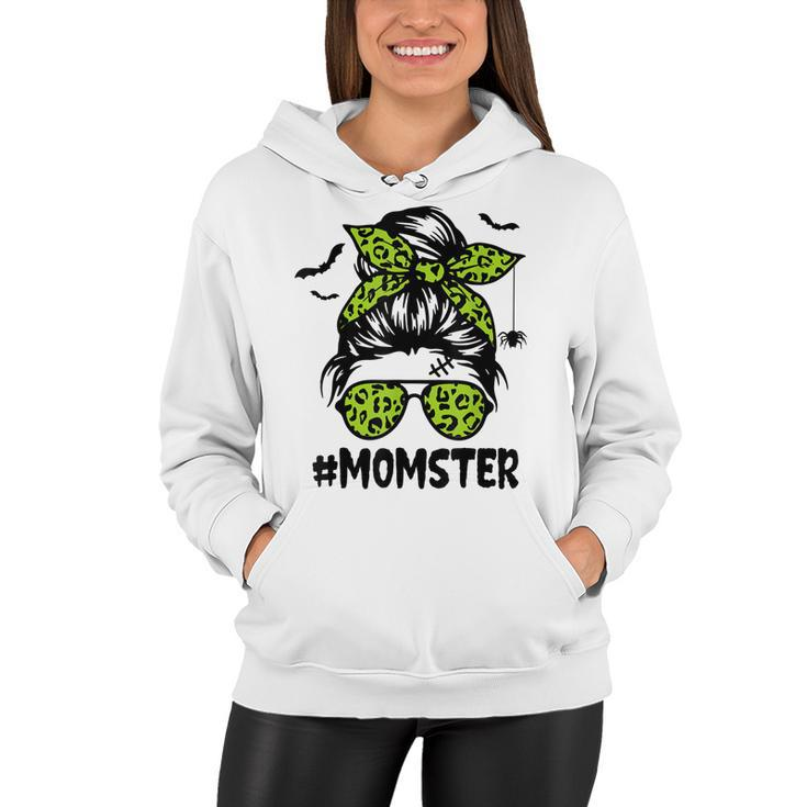Momster  For Women Halloween Mom Messy Bun Leopard  Women Hoodie
