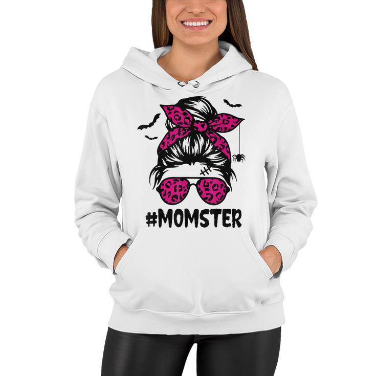 Momster  For Women Halloween Mom Messy Bun Leopard  Women Hoodie