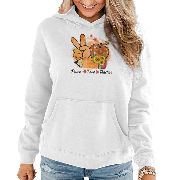 Peace Love Teacher Teaching Life Fall Pumpkin Season Women Hoodie Graphic Print Hooded Sweatshirt