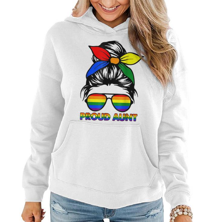 Proud Aunt Messy Bun Rainbow Lgbt Gay Pride Month  Women Hoodie Graphic Print Hooded Sweatshirt