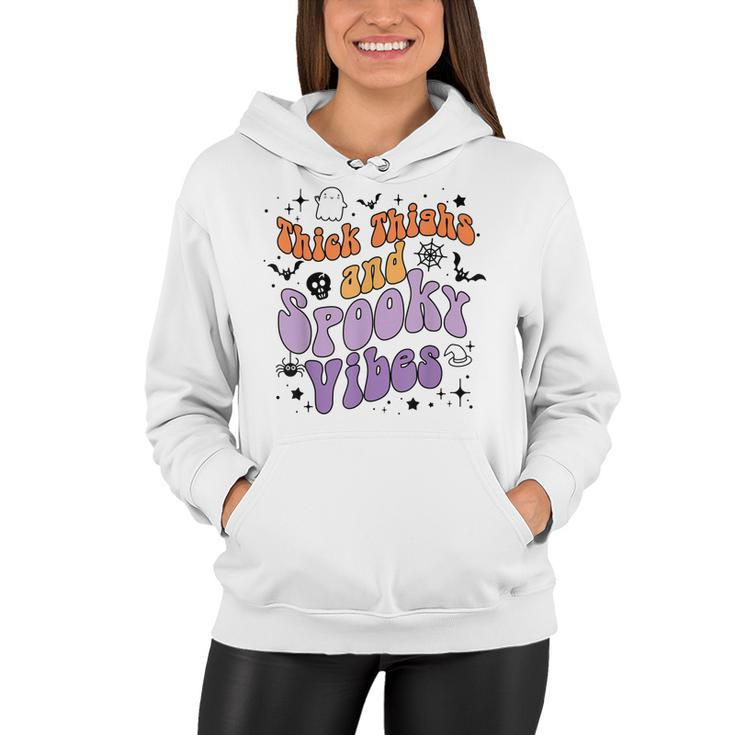 Retro Groovy Thick Thighs And Spooky Vibes Funny Halloween  Women Hoodie