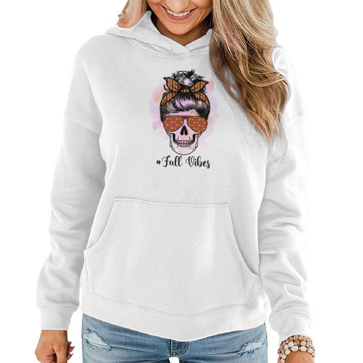 Skull Messy Bun Fall Vibes Women Hoodie Graphic Print Hooded Sweatshirt