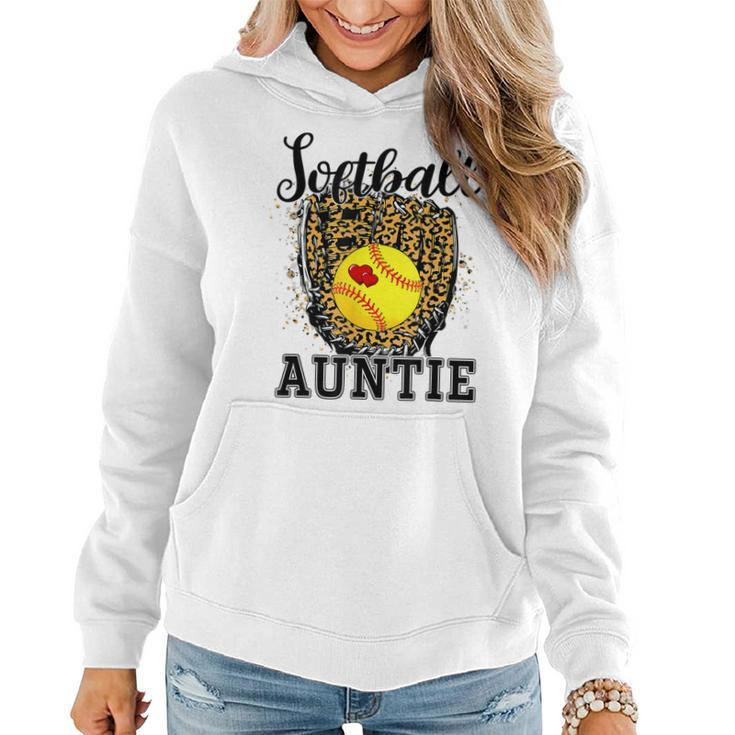 Softball Auntie Leopard Game Day Aunt Mother Softball Lover  Women Hoodie Graphic Print Hooded Sweatshirt