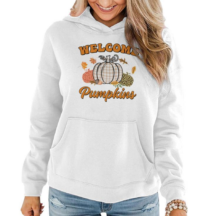 Welcome Pumpkin Leopard Plaid Autumn Fall Women Hoodie Graphic Print Hooded Sweatshirt