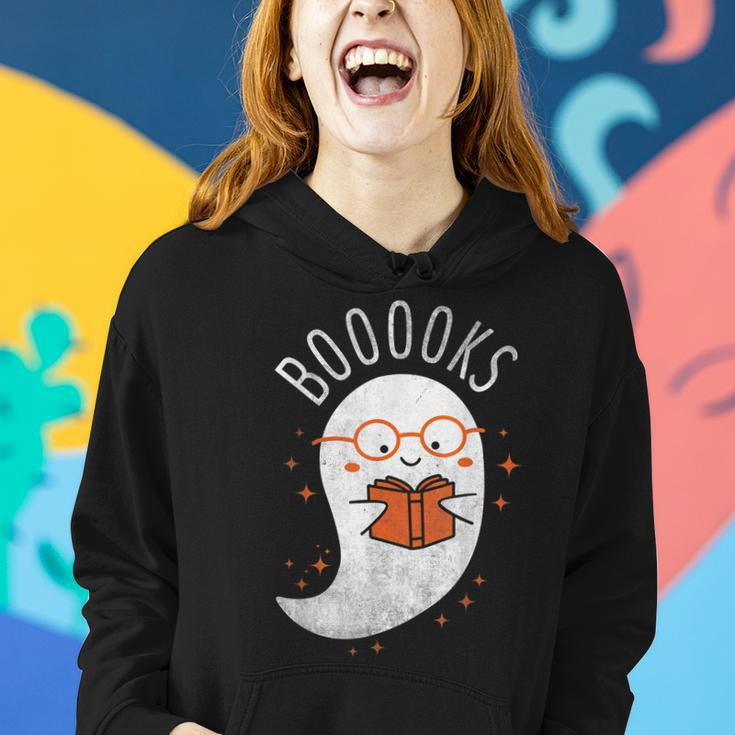 Booooks Ghost Funny Halloween Teacher Book Library Reading V3 Women Hoodie Graphic Print Hooded Sweatshirt Gifts for Her