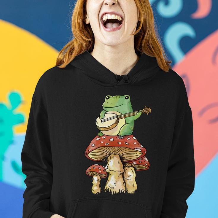 Frog Playing Banjo On Mushroom Cute Cottagecore Aesthetic Women Hoodie Gifts for Her