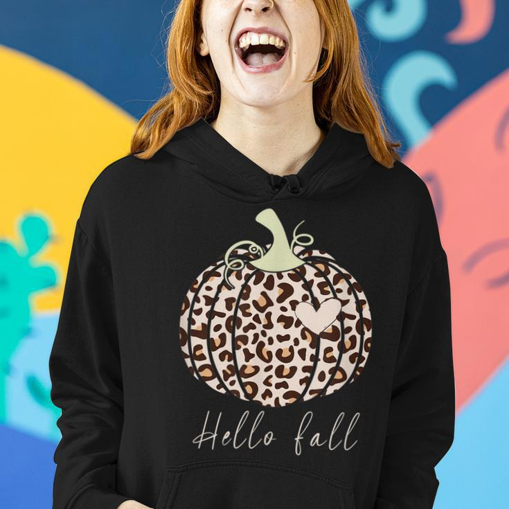 Hello Fall Animal Print Leopard Heart Pumpkin Fall Halloween Women Hoodie Gifts for Her