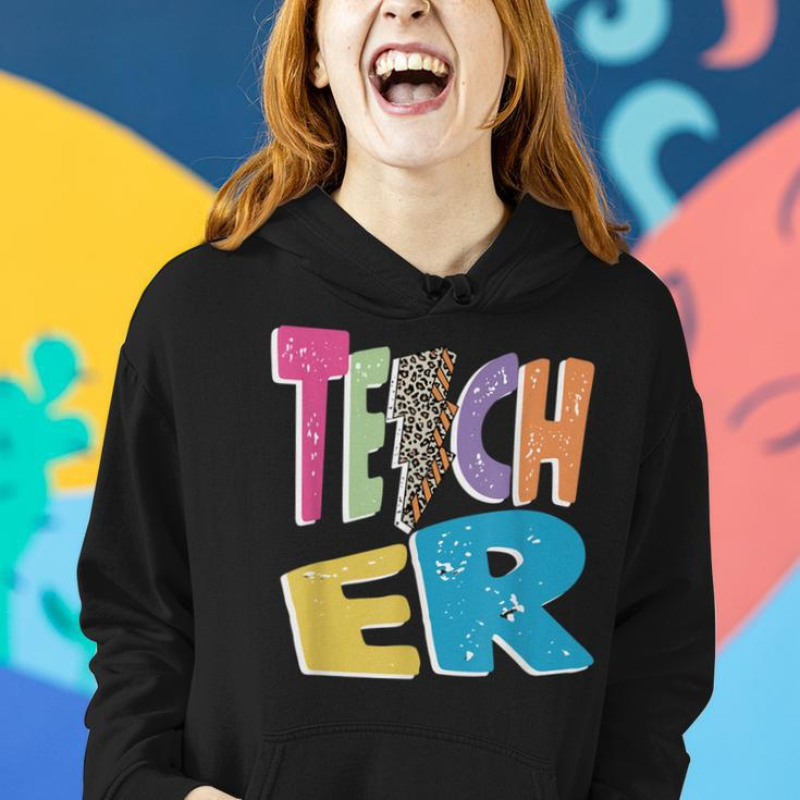 Teacher Colorful Distressed Leopard Lightning Bolt Trendy Women Hoodie Graphic Print Hooded Sweatshirt Gifts for Her