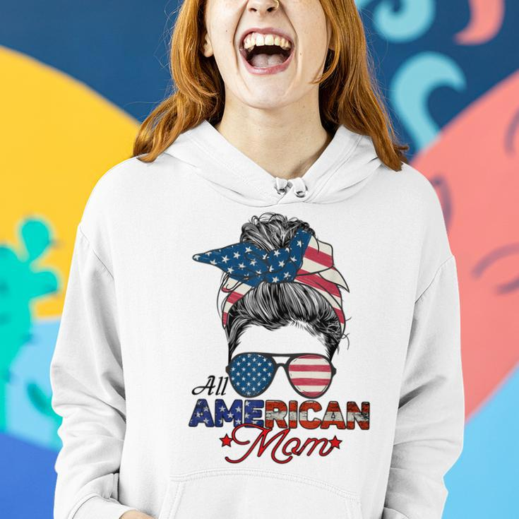 All American Mom 4Th July Messy Bun Us Flag Women Hoodie Gifts for Her
