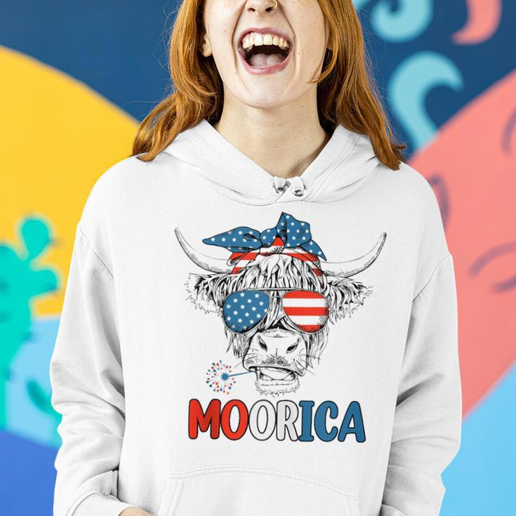 Funny Moorica 4Th Of July American Flag Highland Cow Women Hoodie Gifts for Her