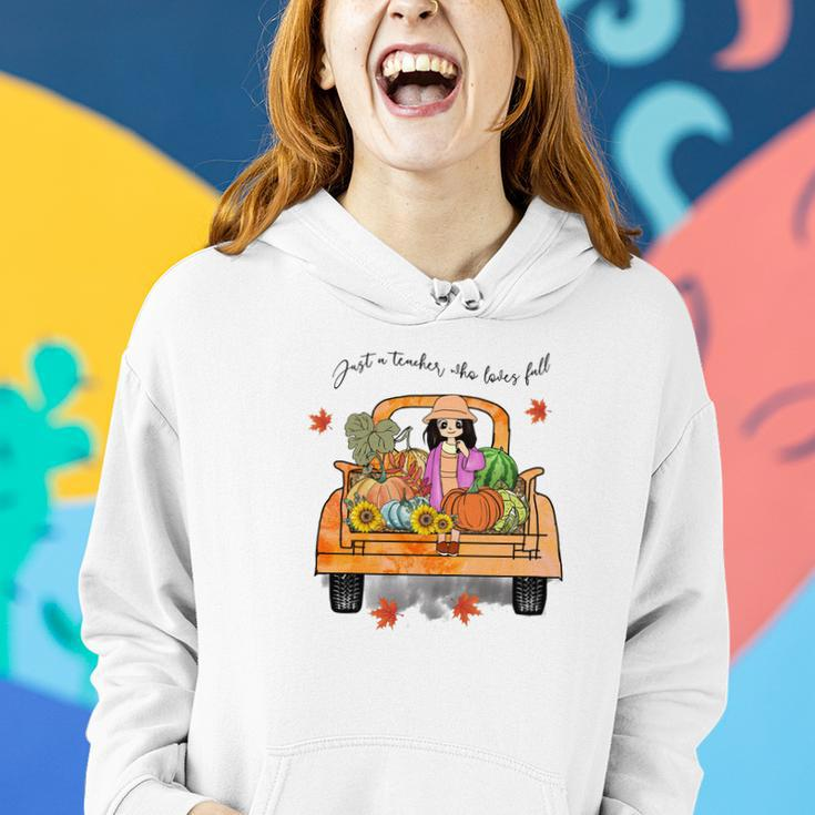 Pumpkin Truck Just A Teacher Who Loves Fall Women Hoodie Graphic Print Hooded Sweatshirt Gifts for Her