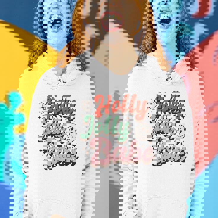 Retro Christmas Holly Jolly Babe Smiley Face Vintage Christmas Women Hoodie Graphic Print Hooded Sweatshirt Gifts for Her