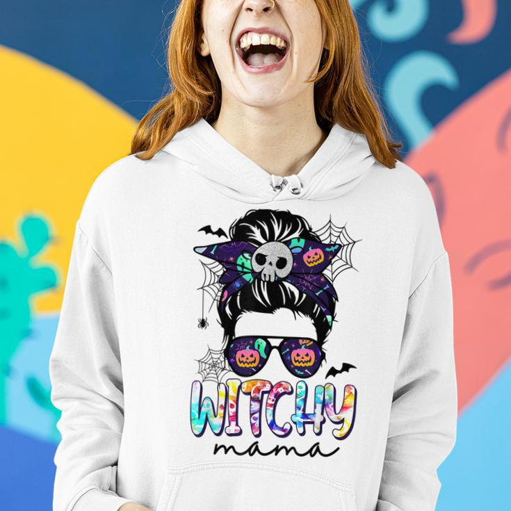 Witchy Mama Funny Messy Bun Hair Women Halloween Vibes Women Hoodie Graphic Print Hooded Sweatshirt Gifts for Her