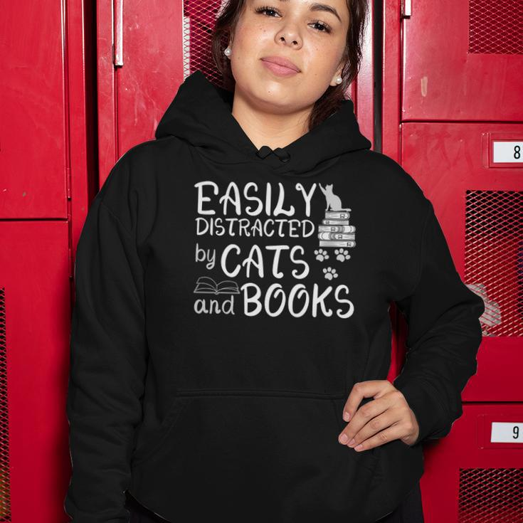 Easily Distracted By Cats And Books Funny Book Lover Women Hoodie Unique Gifts