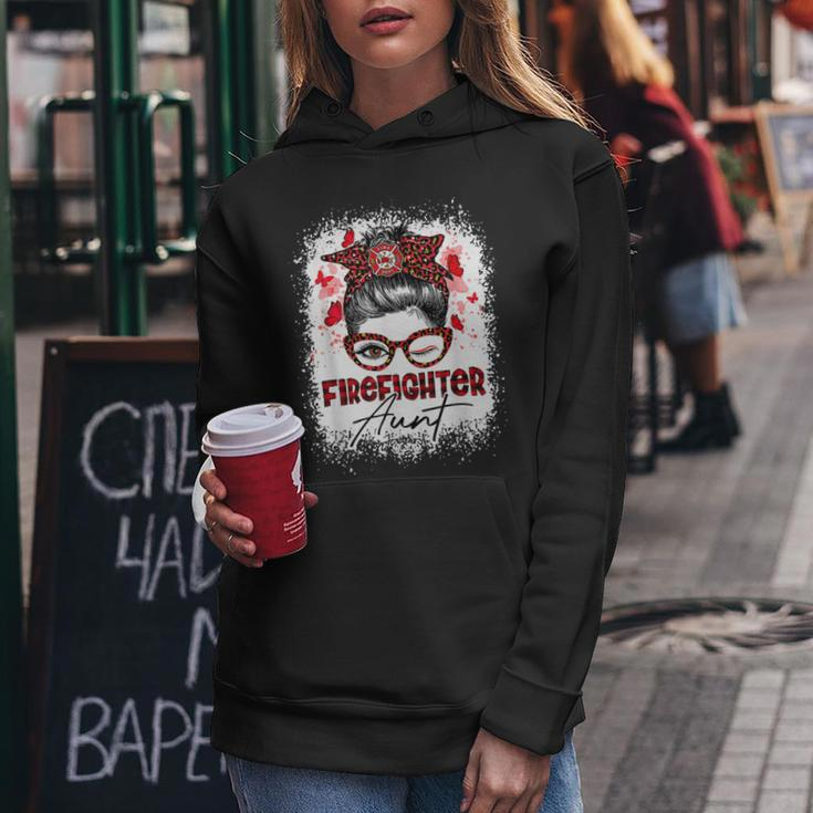 Firefighter The Red Proud Firefighter Fireman Aunt Messy Bun Hair Women Hoodie Funny Gifts