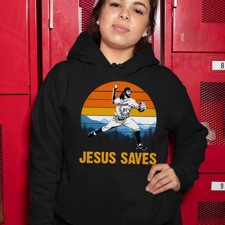 Jesus Saves Retro Baseball Pitcher Women Hoodie Unique Gifts