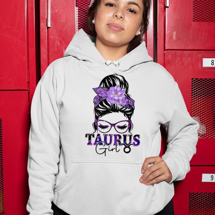 Taurus Girl Birthday Messy Bun Hair Purple Floral Women Hoodie Funny Gifts