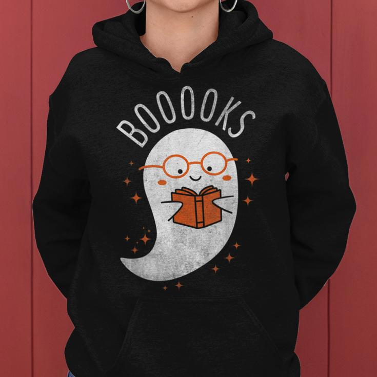 Booooks Ghost Funny Halloween Teacher Book Library Reading V3 Women Hoodie Graphic Print Hooded Sweatshirt